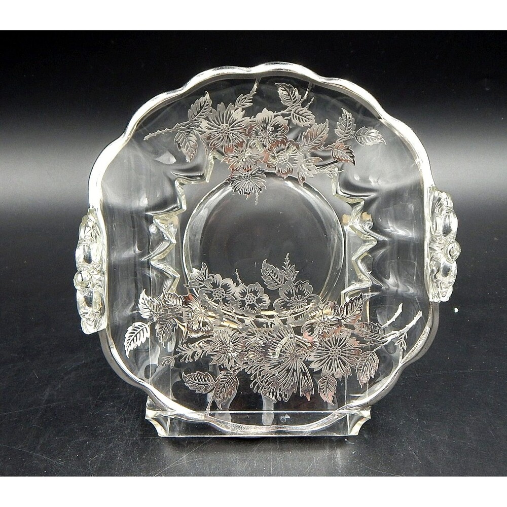 Silver City Silver Overlay Glass Springtime Bon Bon Rolled Edge Dish 6 Inch
